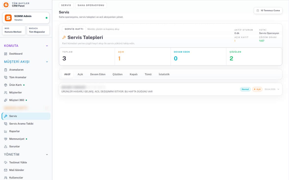 Servis Talepleri — Saha Operasyonu SOMM ürün ekranı