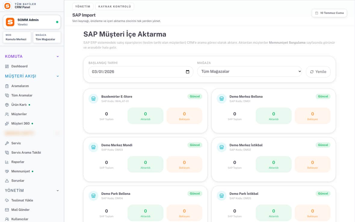 SAP Müşteri İçe Aktarma — Kaynağın Kontrolü SOMM ürün ekranı