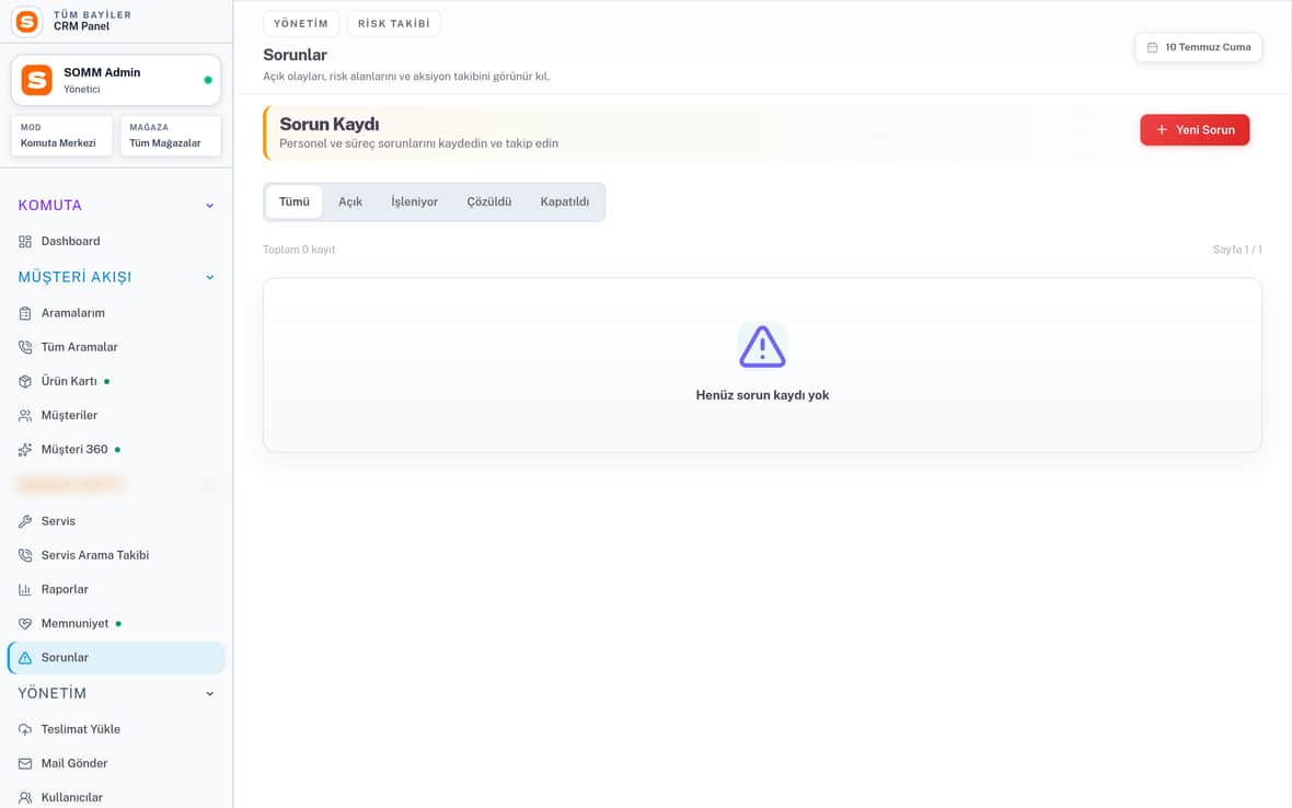 Sorunlar — Risk ve Aksiyon Takibi SOMM ürün ekranı