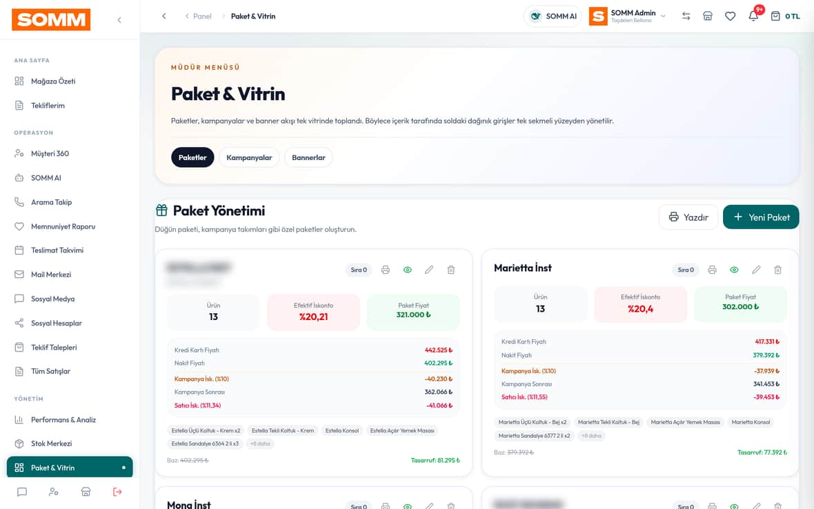 Vitrin & Paket Yönetimi SOMM ürün ekranı