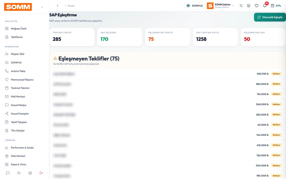 SAP Senkron SOMM ürün ekranı