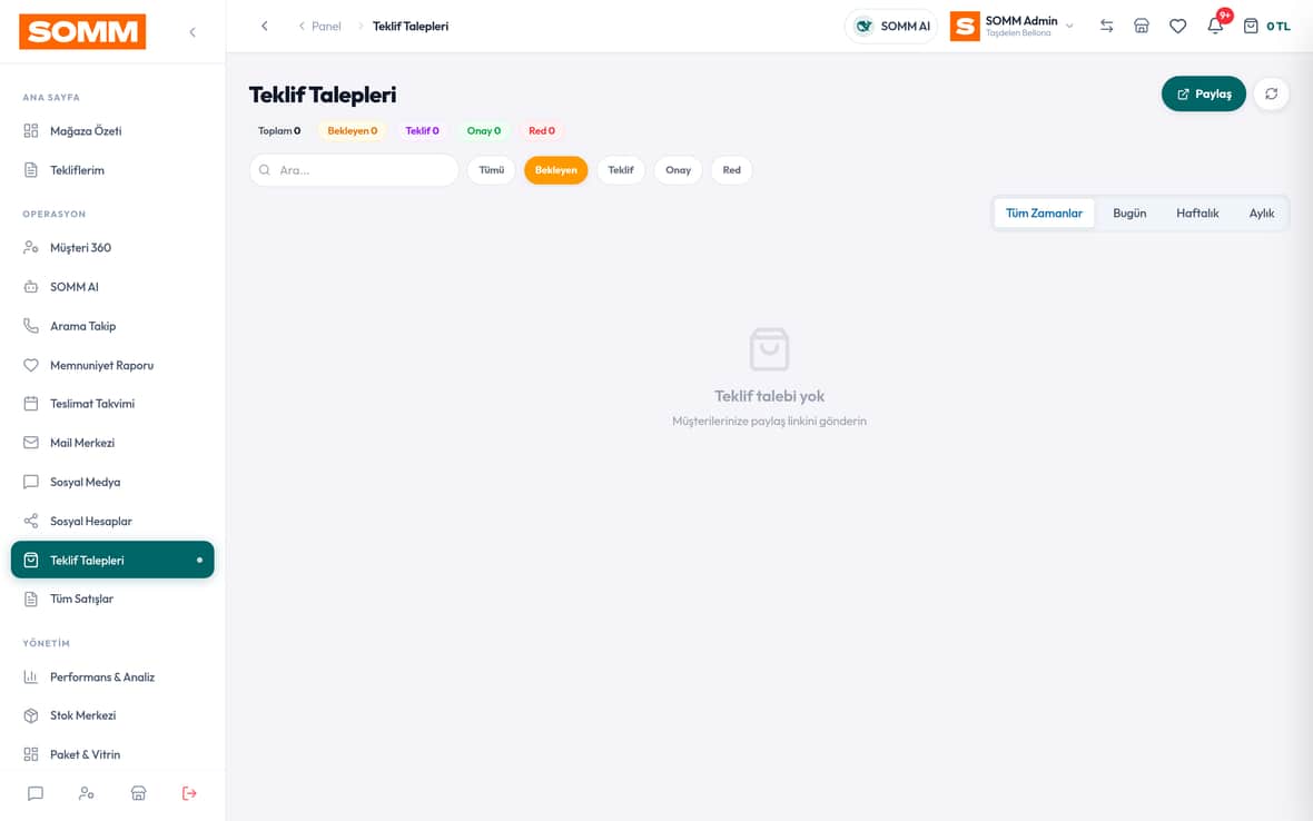 Teklif Talepleri SOMM ürün ekranı