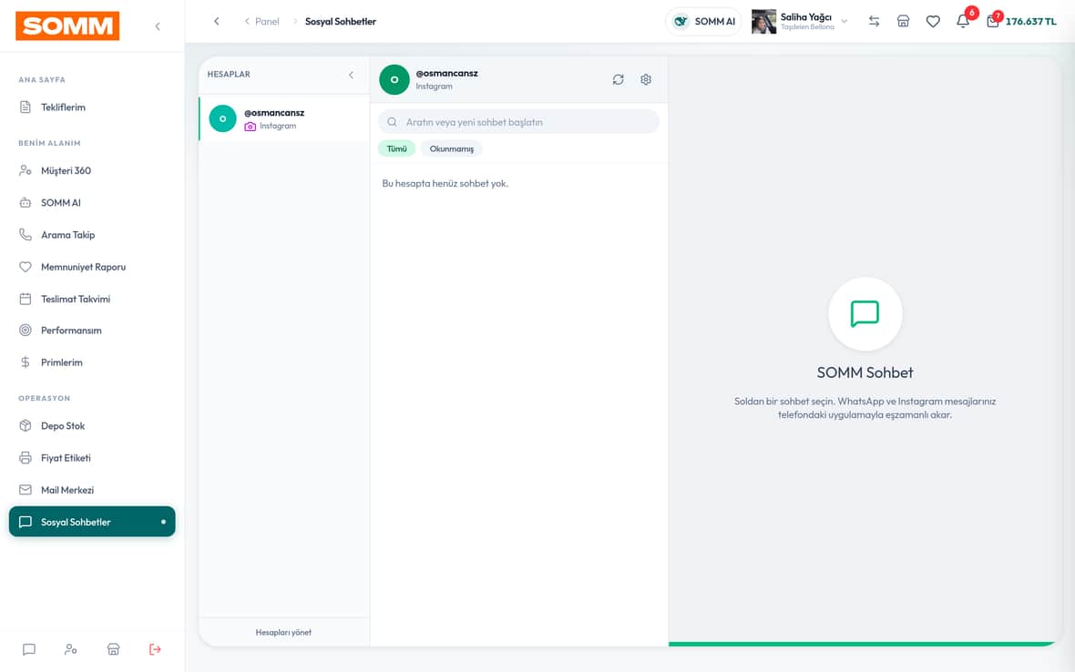 Sosyal Sohbetler — WhatsApp & Instagram Tek Kutuda SOMM ürün ekranı