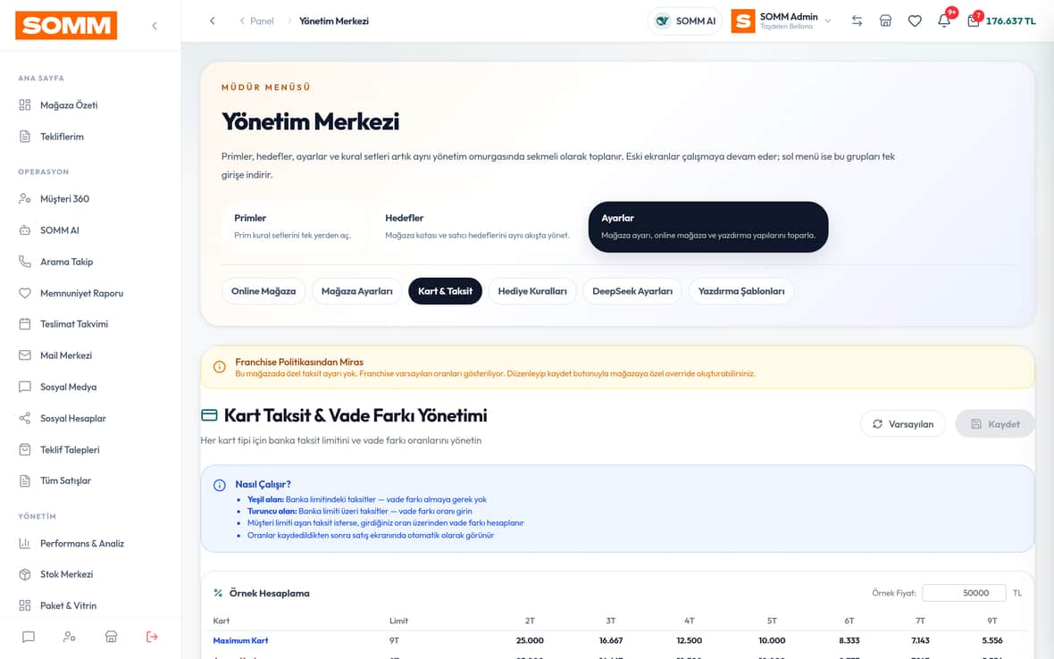 Kart Taksit & Vade Farkı (Komisyon) SOMM ürün ekranı